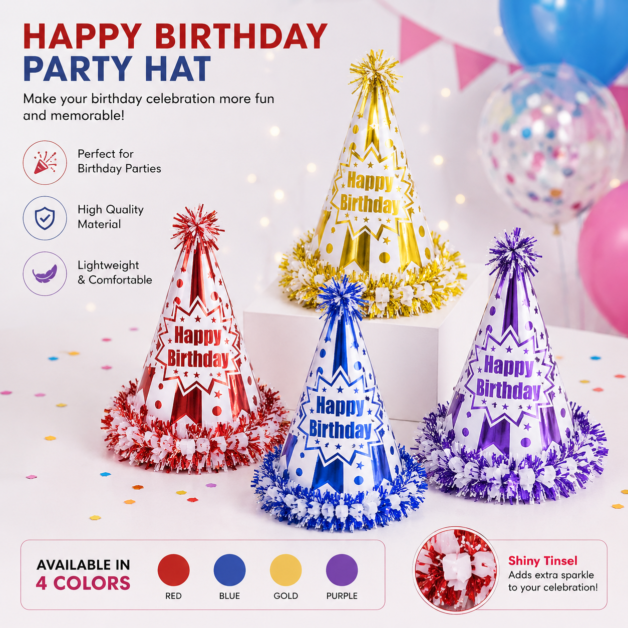 Tinsel Fringe Happy Birthday Party Hat Cap with Circus Stripe Cone Design for Kids Birthday Celebration