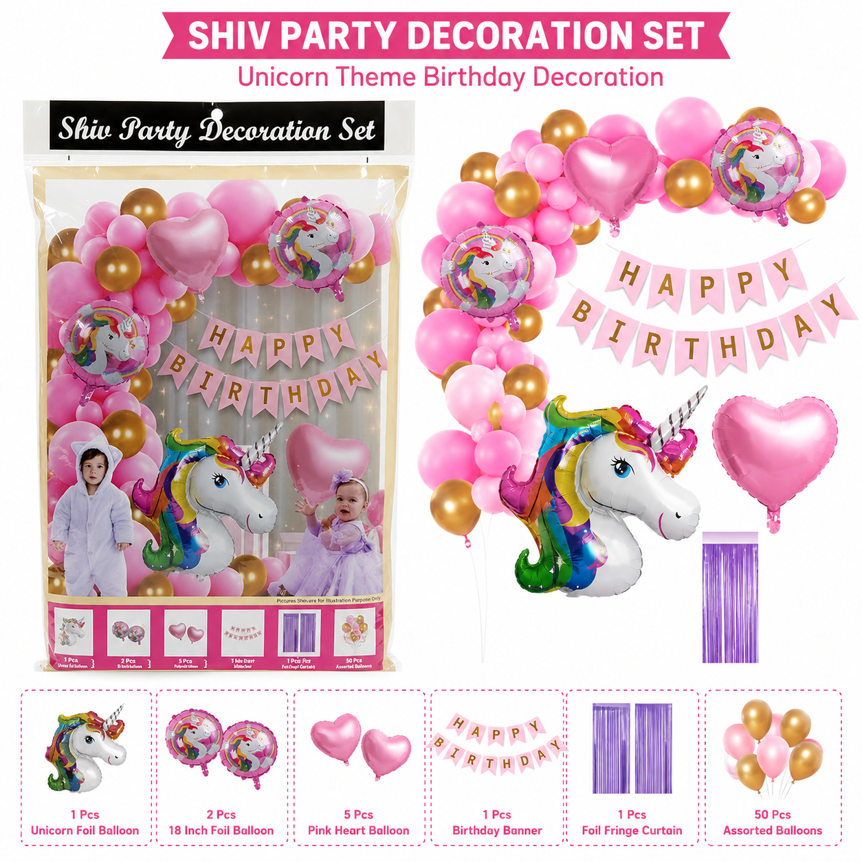 Magical Unicorn Theme Birthday Party Decoration Combo Pack for Girls Room, Wall & Backdrop Celebration Setup