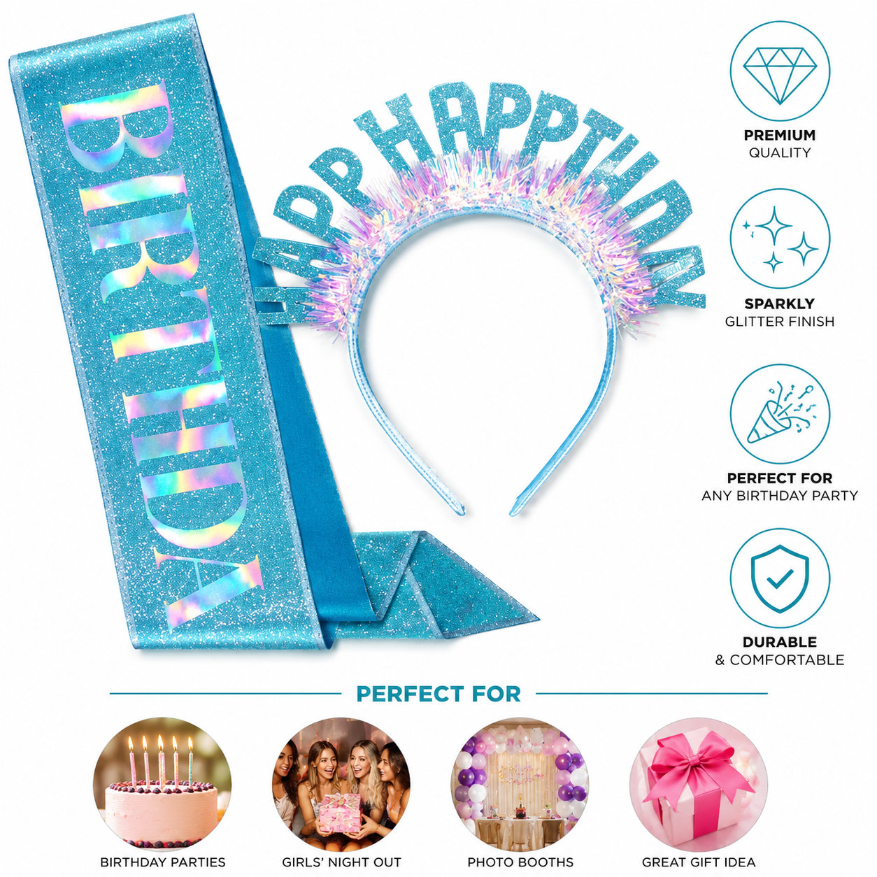 Glam Birthday Celebration Sash and Happy Birthday Headband Set for Women, Girls & Theme Party Events — view 1