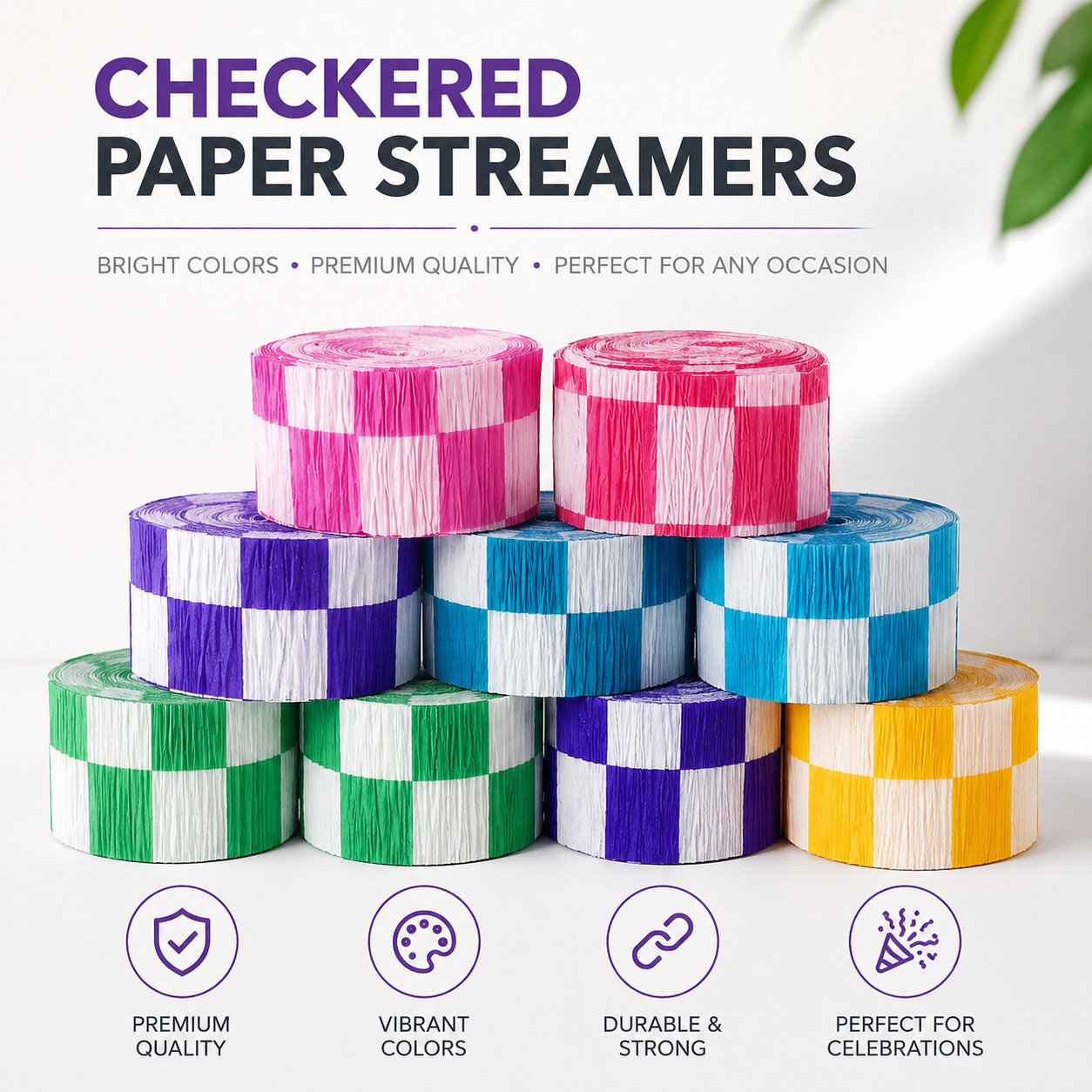 Checkered Crepe Paper Streamers Decoration Roll Pack for Birthday Party, DIY Craft, Ceiling Hanging & Festival Celebration Decor