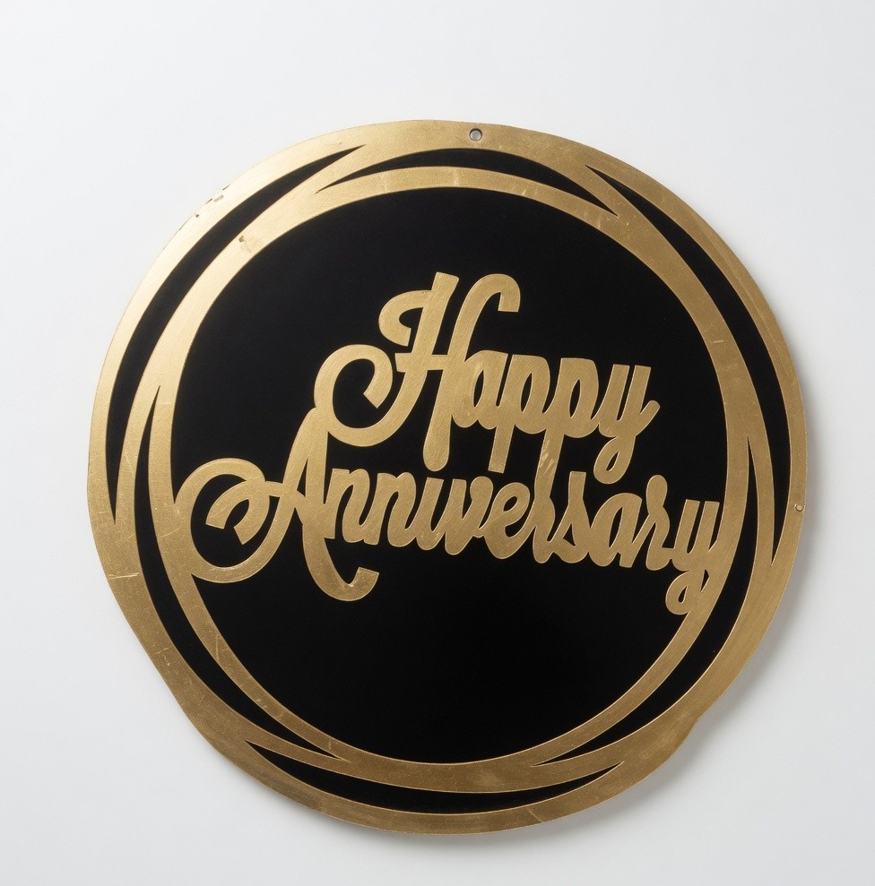 Happy Anniversary Gold Mirror Acrylic Disc – Background Decorative Tag for Cakes, Hampers & Gift Packaging — view 1