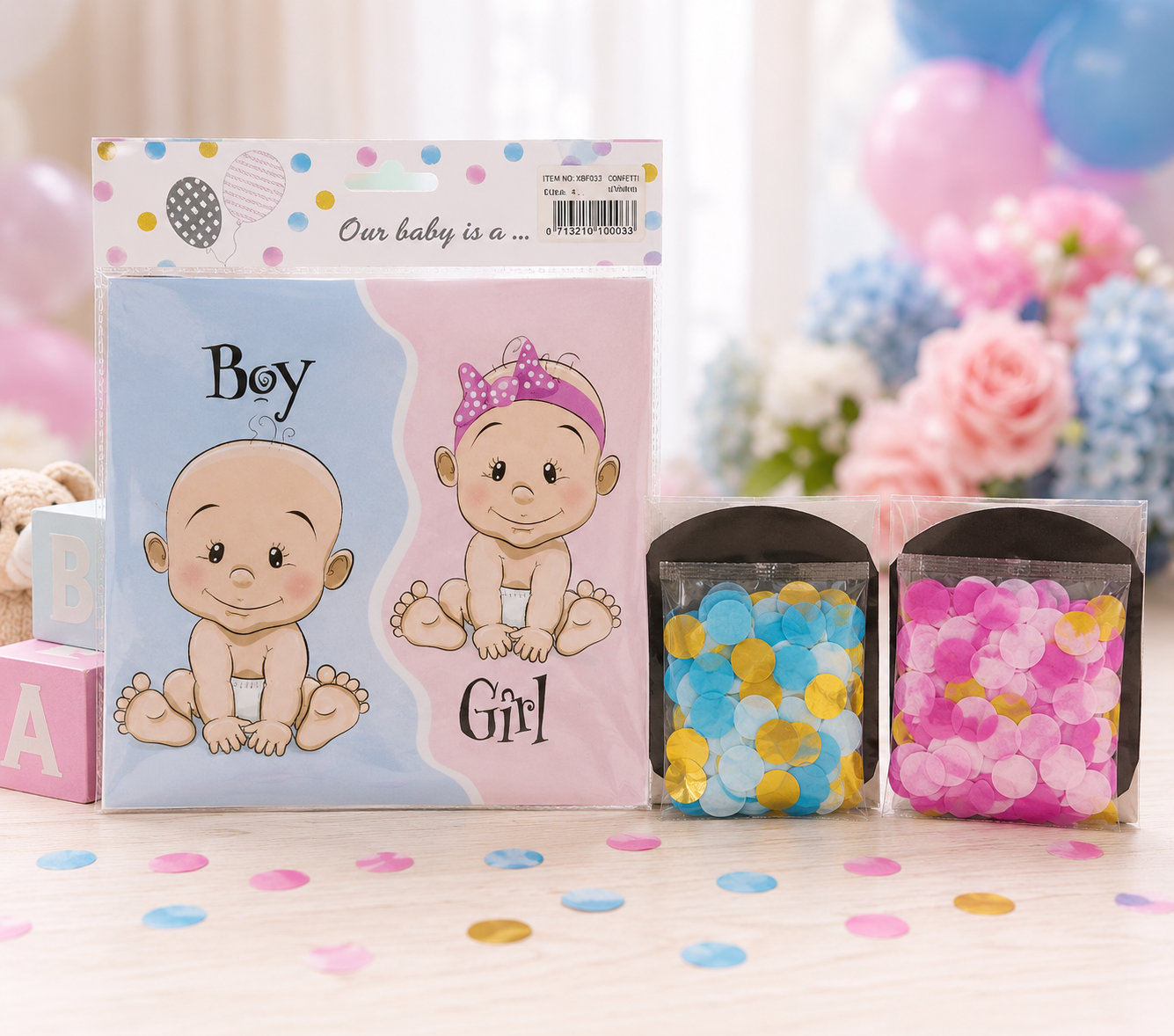 Gender Reveal Balloon Kit with Jumbo Black Balloon and Pink Blue Confetti for Baby Shower Party