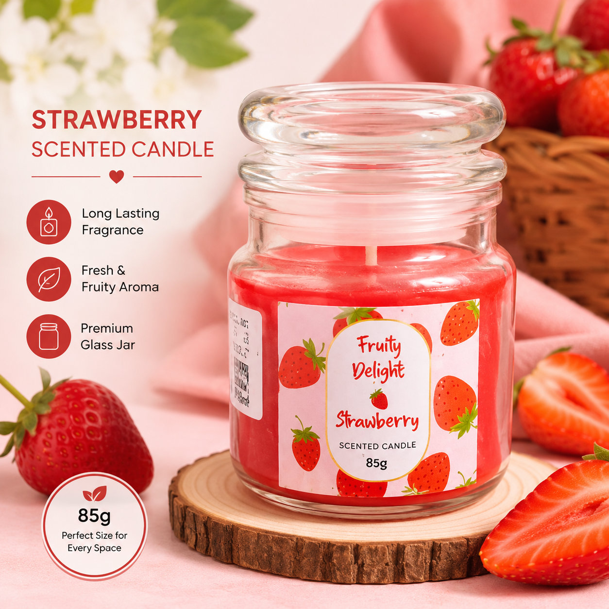 Strawberry Scented Glass Jar Candle with Lid – Fruity Aroma Decorative Candle for Home Decor & Gifting