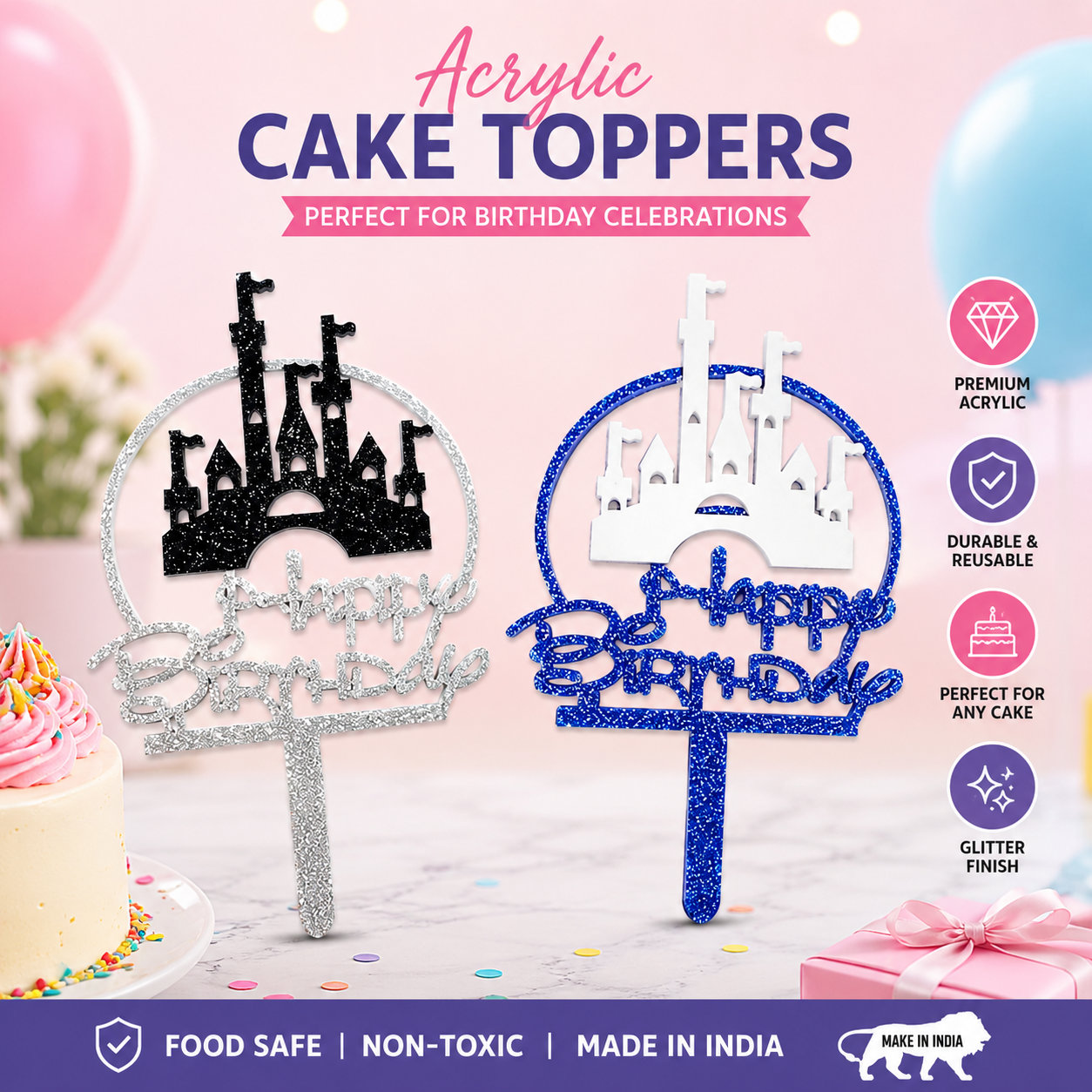 Disney Castle Theme Happy Birthday Cake Topper – Glitter Foam Card Stick Decoration with Plastic Castle Design for Kids Birthday Party Cake Decor