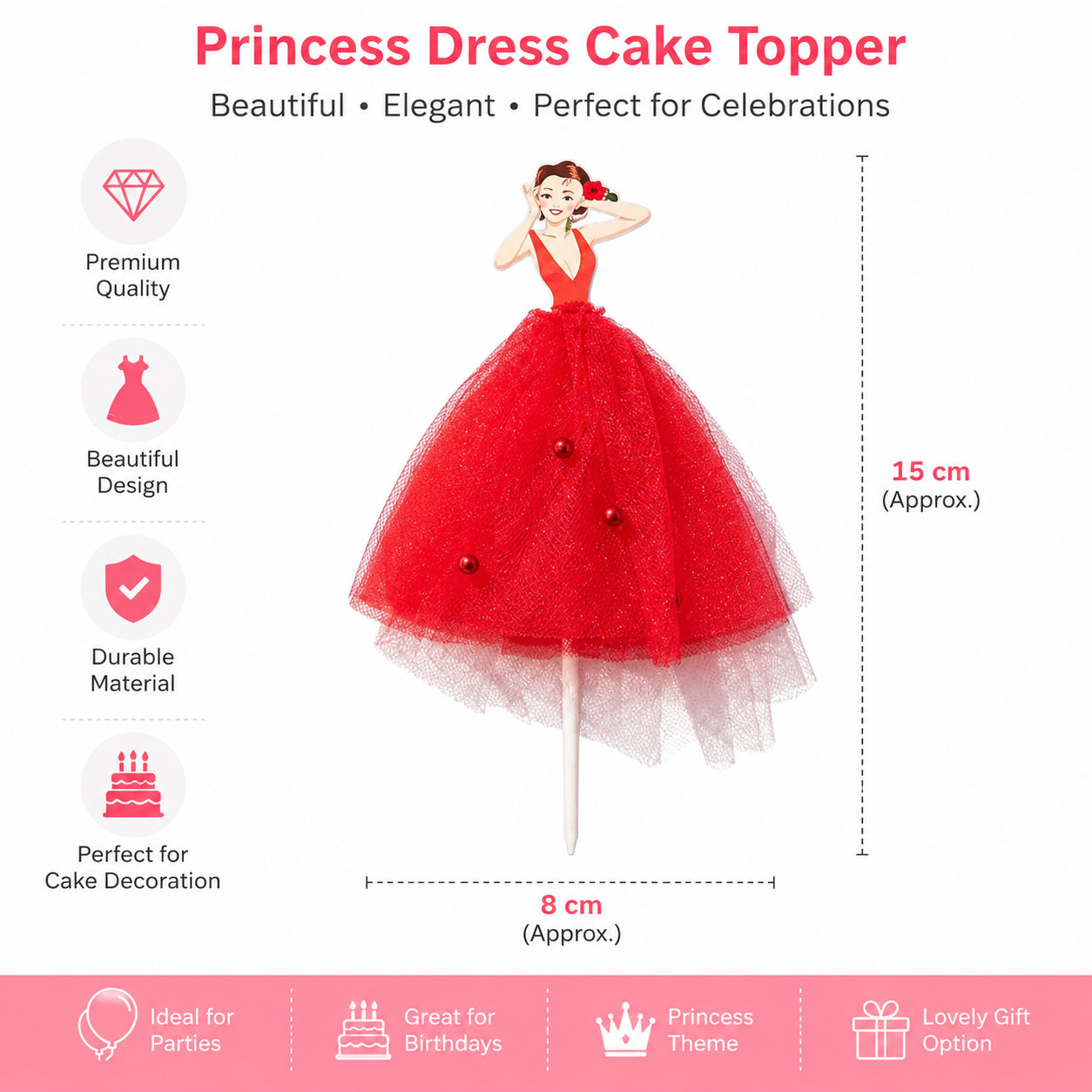 Princess Dress Cake Decoration Topper with Red Tulle Skirt – Charming Birthday Cake Accessory for Girls Celebrations