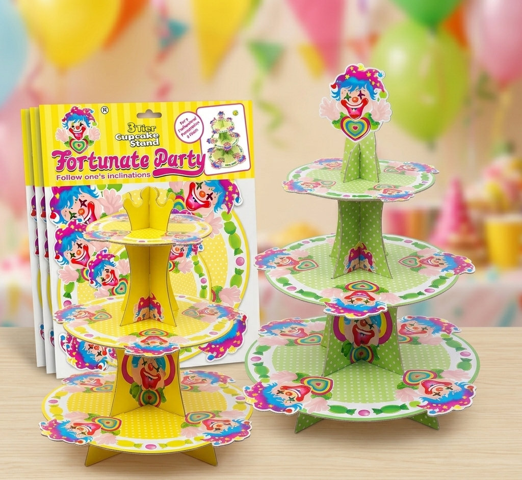 Carnival Clown Theme 3 Tier Cupcake Stand for Birthday Party Decorations – Dessert Display Tower for Kids Celebration
