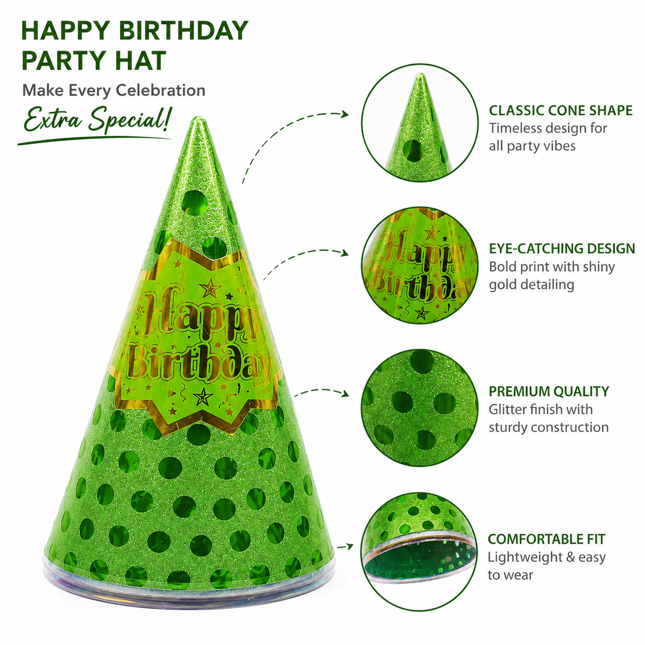 Metallic Glitter Birthday Cone Caps with Polka Dots for Kids & Adults with Elastic Strap – Available in 5 Color Variants — view 1
