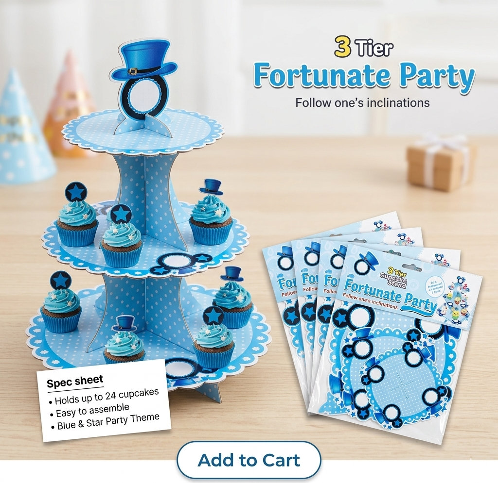 Kids Theme 3 Tier Cupcake Stand for Birthday Party Decorations – Cartoon & Fantasy Dessert Display Tower — view 1