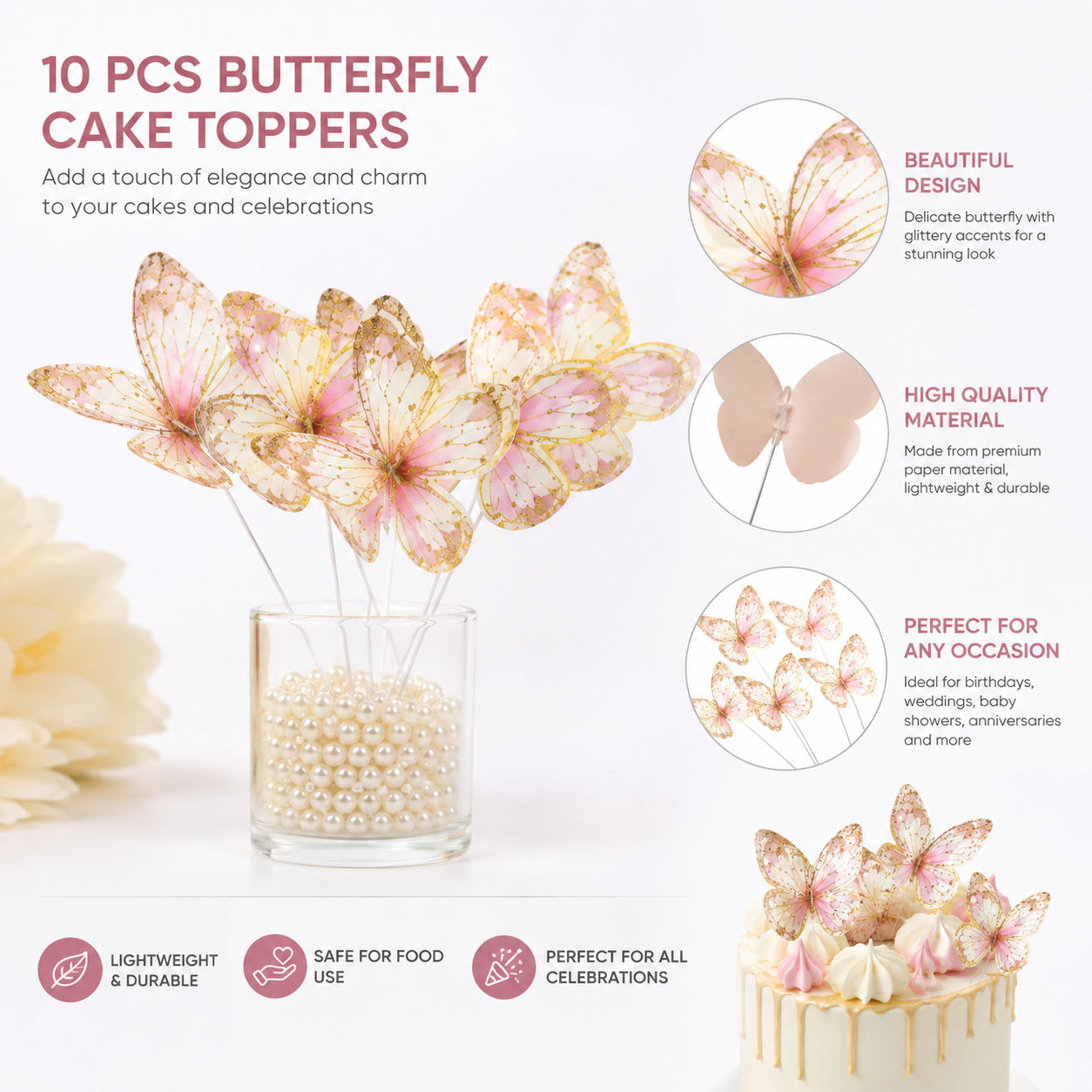 Multicolour Paper Butterfly Cake Decoration Toppers (10 Pcs) – 3D Colorful Butterfly Cake & Cupcake Picks for Birthday Party, Baby Shower, Wedding, Anniversary — view 1