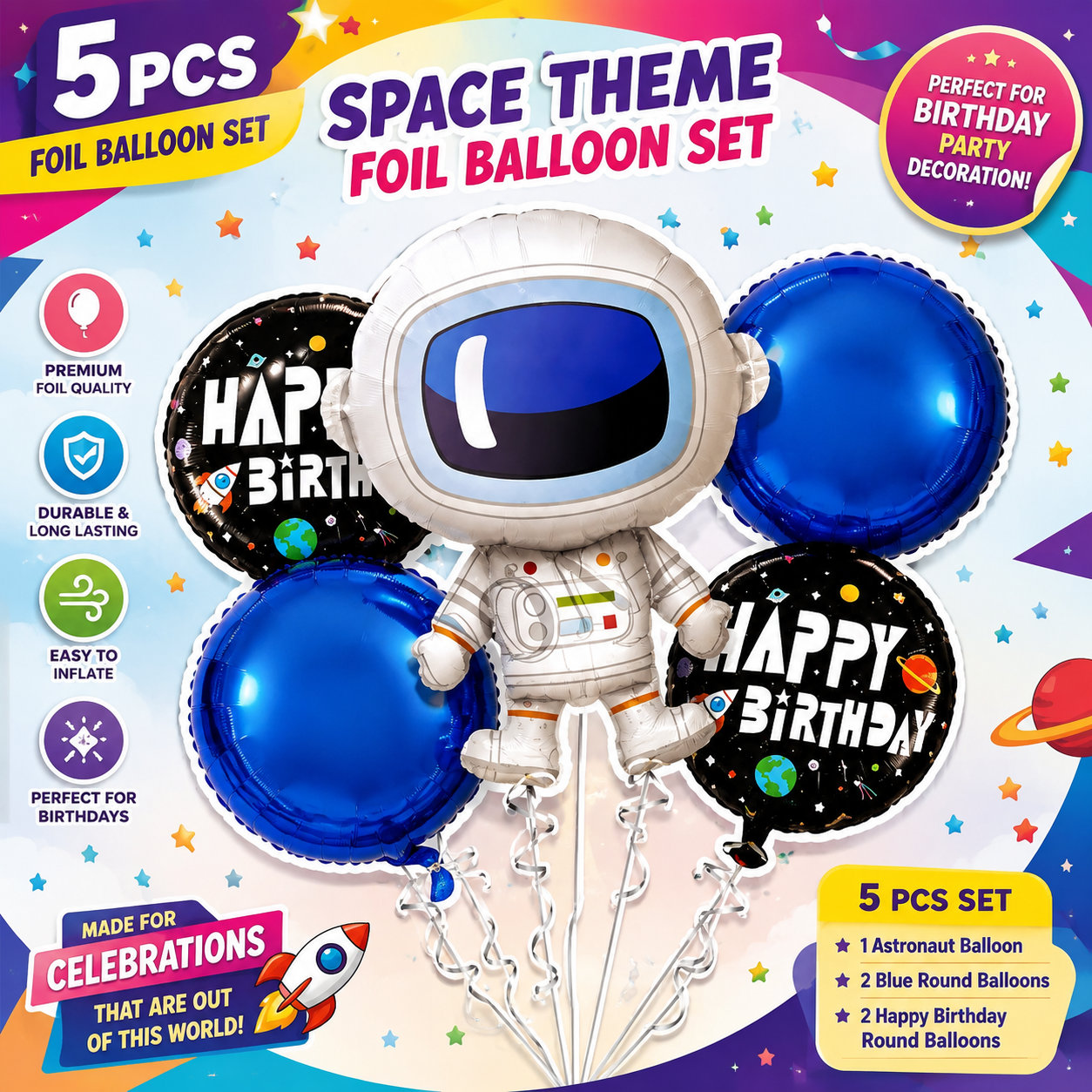 Space Themed Foil Balloon Set - Birthday Party Decoration Kit (5 Pcs) — view 1
