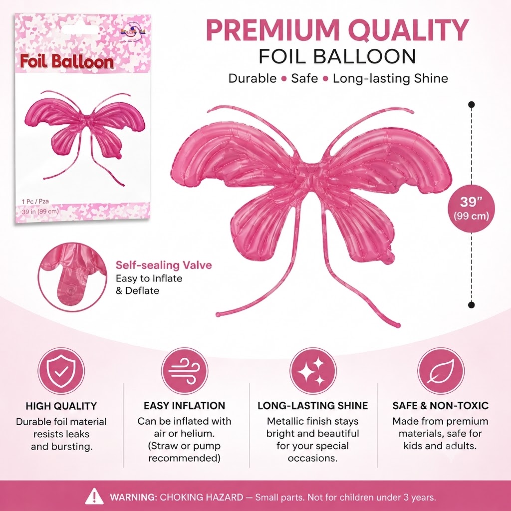 39 Inch Premium Butterfly Pattern Foil Balloon – Metallic Party Decoration Balloon for Birthday, Baby Shower, Wedding & Event Decor