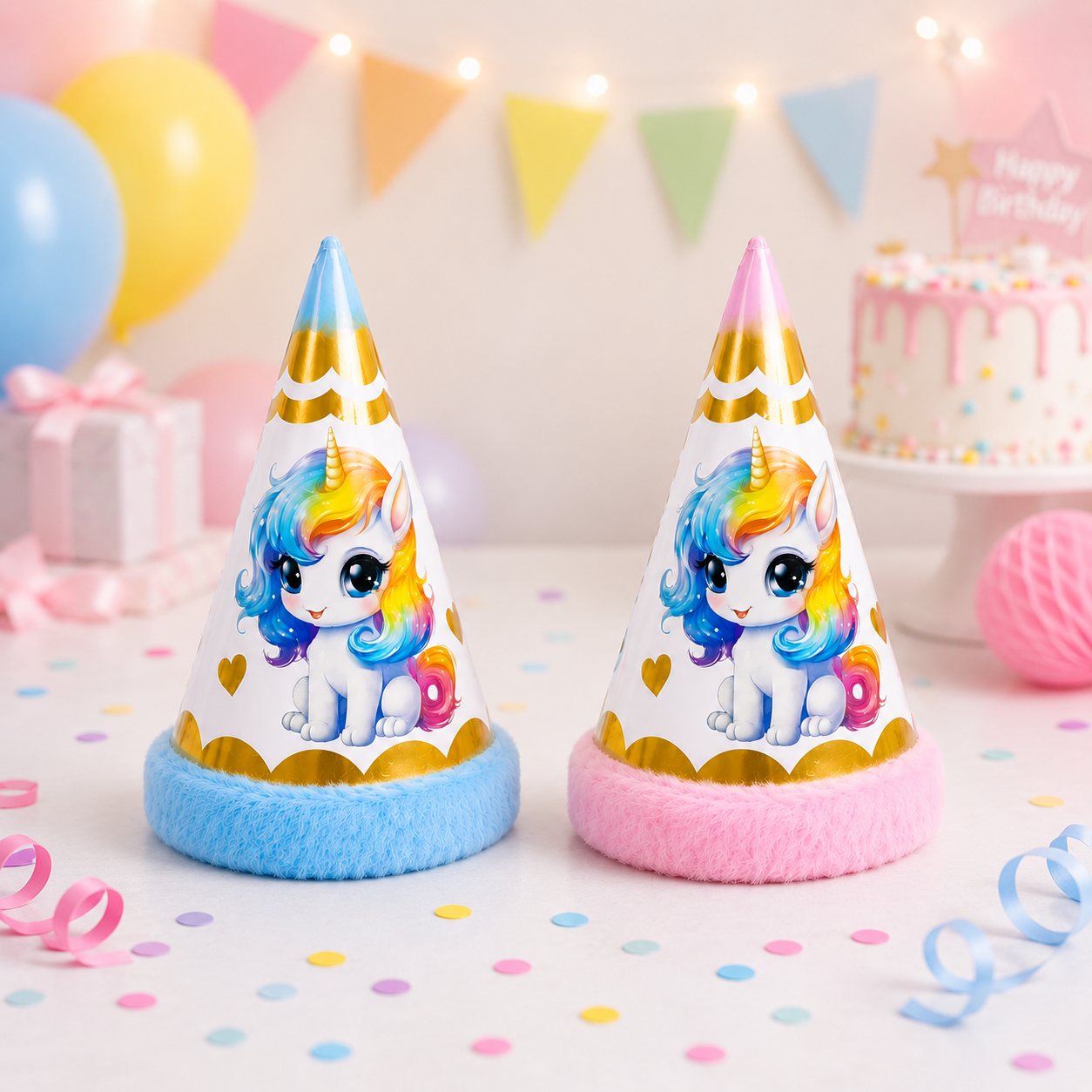 Cute Unicorn Theme Fancy Birthday Cone Hat with Soft Fur Finish for Kids Party Wear & Birthday Photo Props